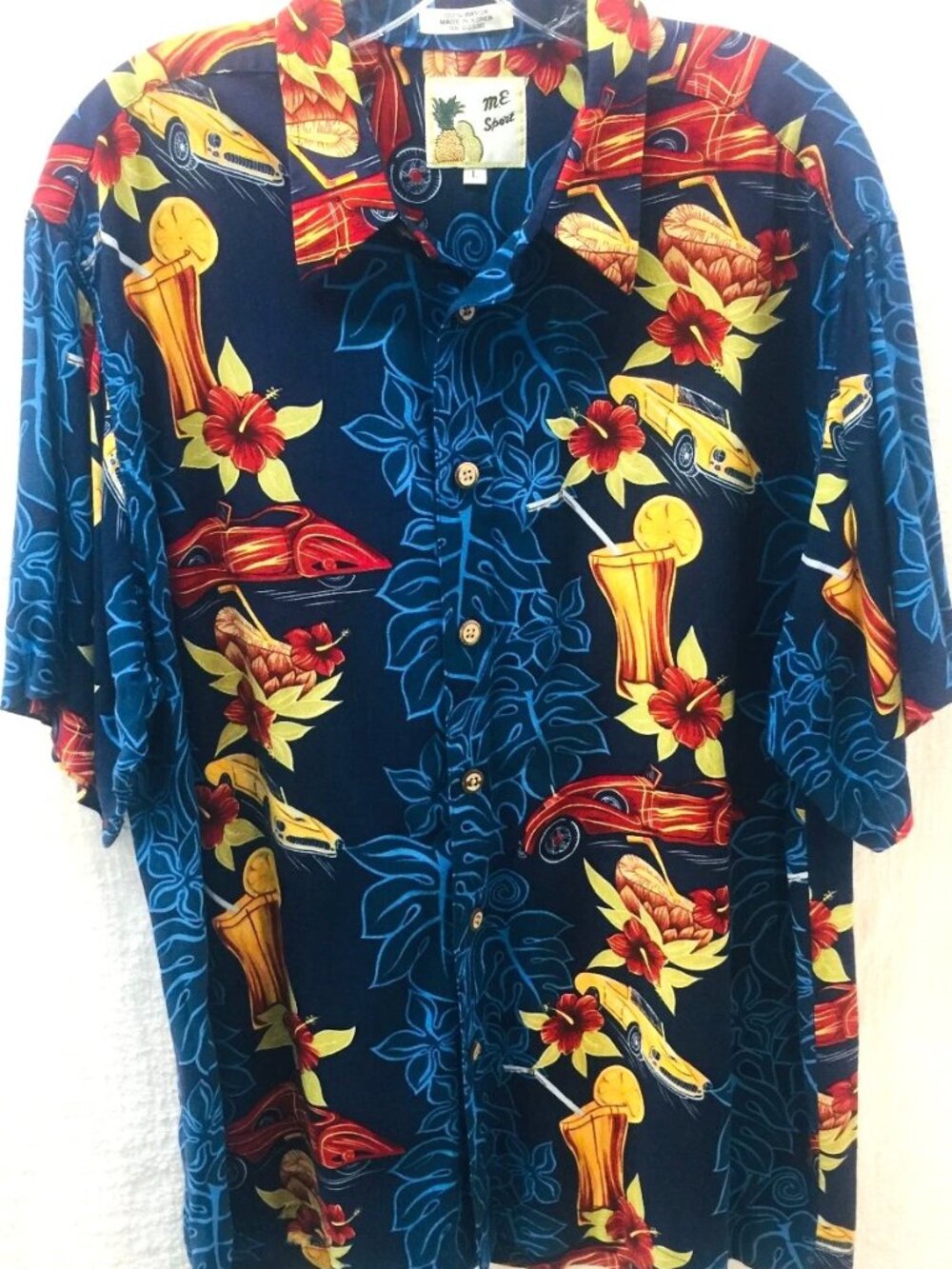 M.E. Sport VTG Vintage Hawaiian Button Down Shirt Car Tropical Aloha Surf Size L